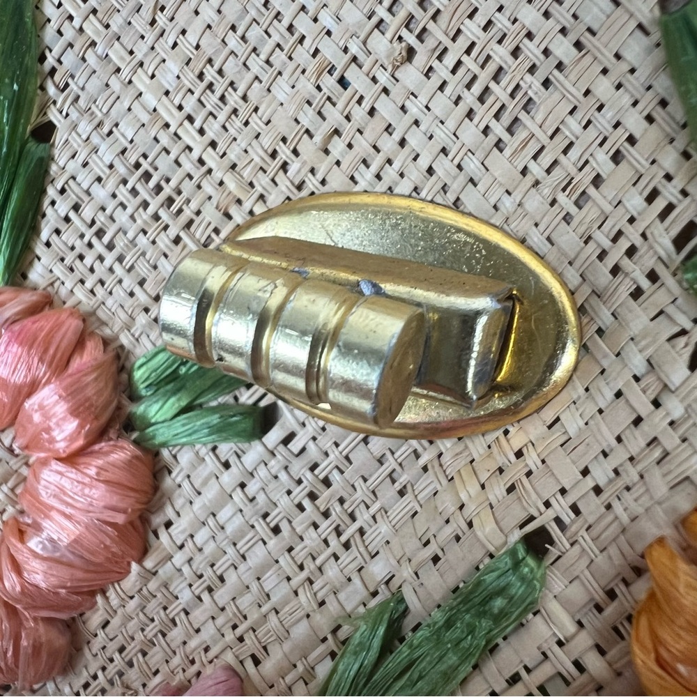 Vintage 60s Raffia Straw and Wood Floral Handbag - Picture 12 of 13